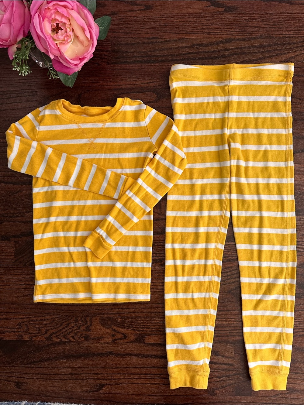 Primary yellow & white striped pajama set, size 8-9Y